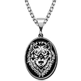 Silver Necklace with Wolf Motif and Gokturkish Turkish Writing on a Black Background
